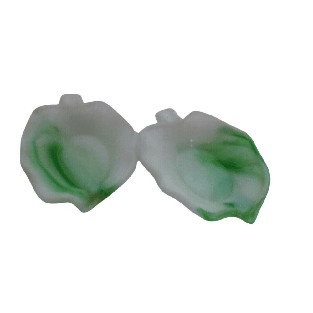 Vtg Set of 2 Green and White Leaf Shaped  AKRO AGATE Ashtrays Trinket Dishes